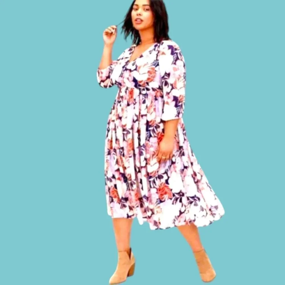 TORRID NEW Navy Floral Swiss Dot Button down Tea- Length Dress. - Picture 2 of 16